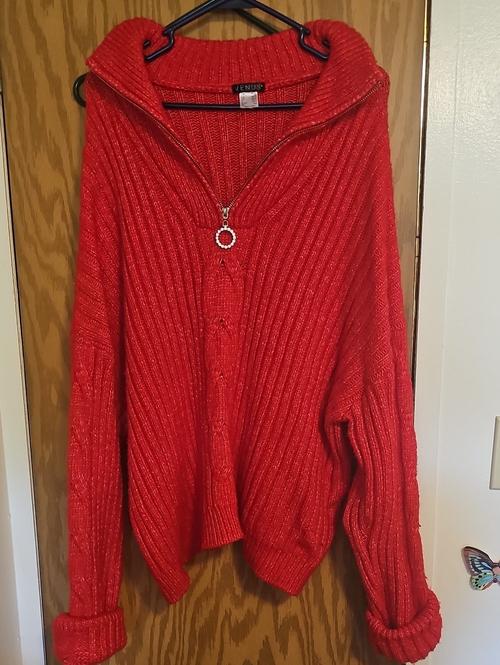 VENUS Red Ribbed Zip-Up Sweater with Decorative Ring Pull